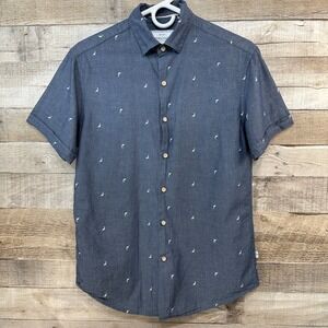 DENIM & FLOWER Ricky Singh Navy Swordfish Slim Fit Short Sleeve Button Up Mens S